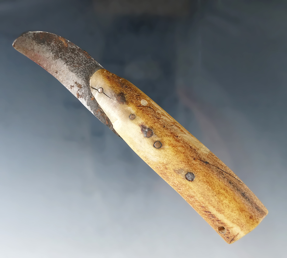 5 1/4" bone handle with metal Blade - vintage Inuit carving Knife found in Alaska.