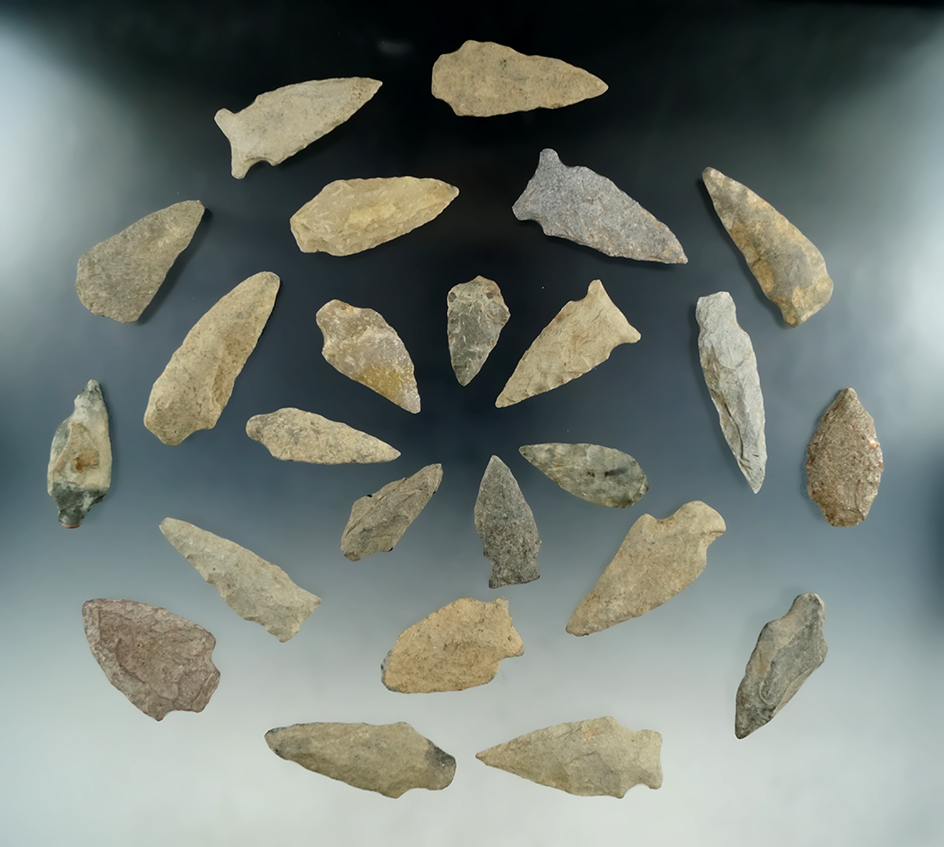Large group of 25 assorted projectile points and knives found in New Jersey, largest is 2 5/16".