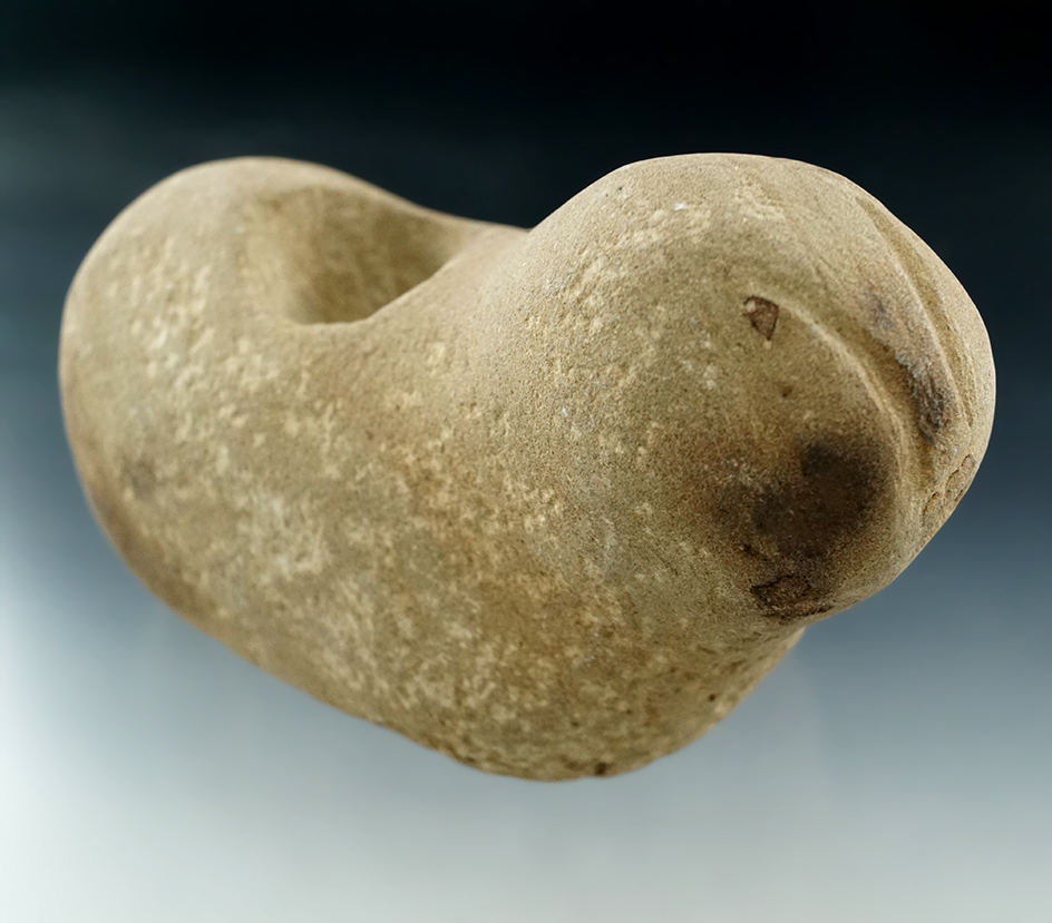 4 1/4" Long by 2 7/8" High Sandstone Zoomorphic Pipe with great patina. Southern Ohio.