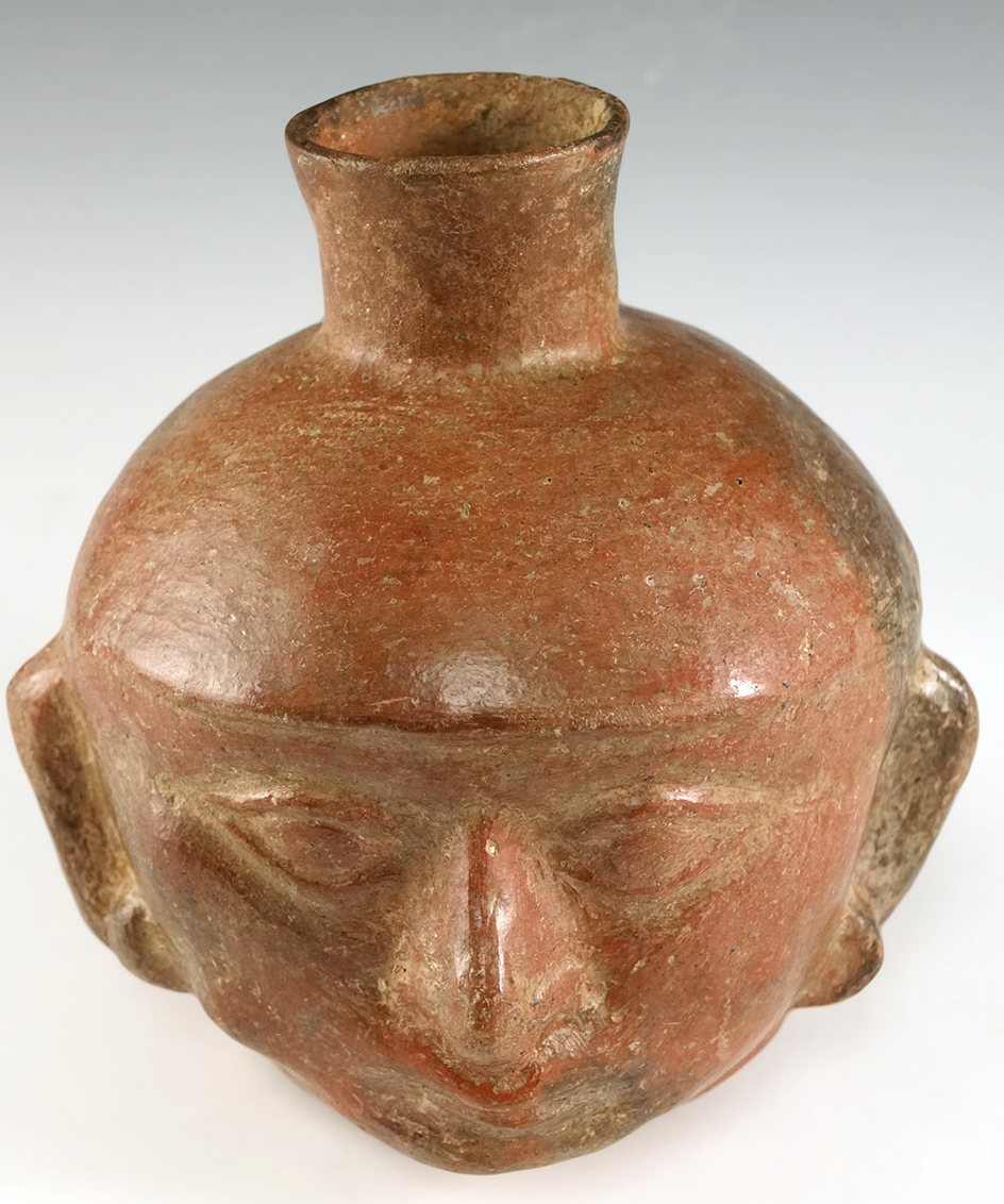 6" Tall Moche Head effigy container made from Brownware Terra Cotta - Peru.  COA.