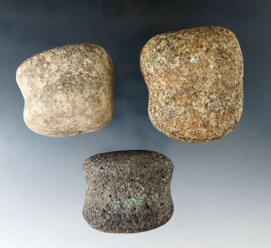 Set of three Hardstone Hammerstones found in Ohio. Largest is 2 3/8" long.