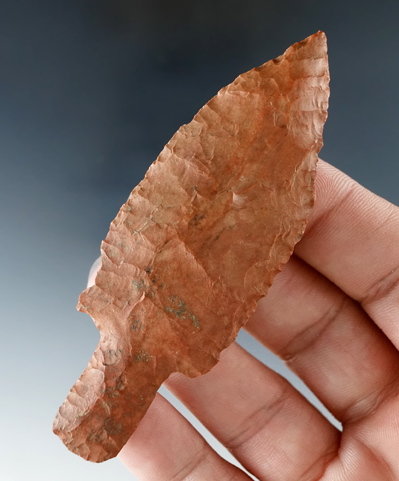 Uniquely styled 3 3/8" Long Stemmed Knife or dart point found in Wayne Co., Tennessee.