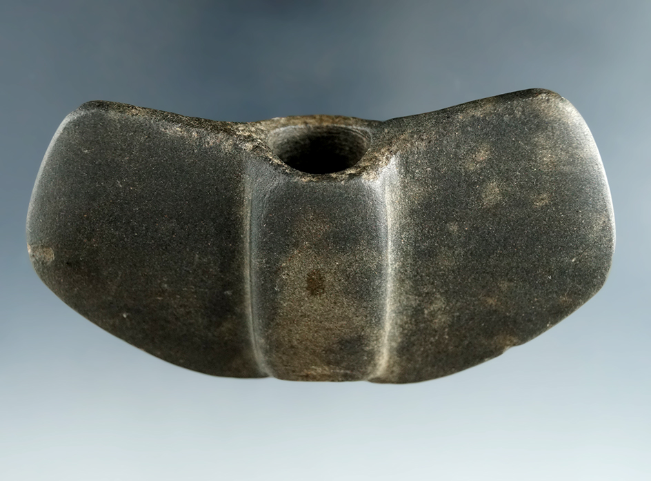 3 5/8" Notched Wing Bannerstone made from slate, found in Clermont Co., Ohio. Perino COA