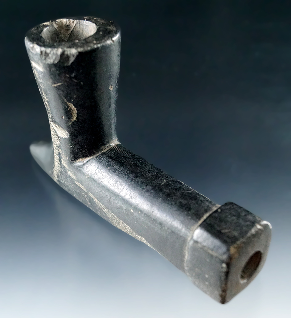 Excellent style on this 4 5/16" black steatite pipe found in a field in Stark Co., Ohio.