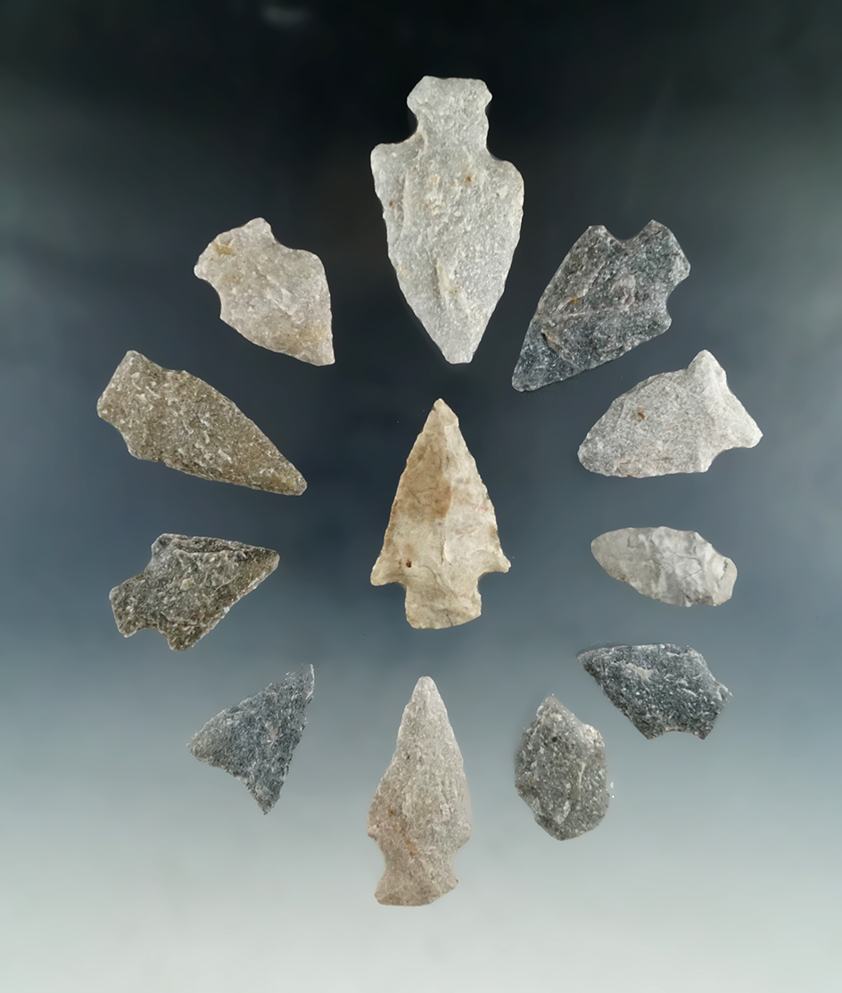 Set of 12 assorted arrowheads found in New Jersey, largest is 2 3/8".