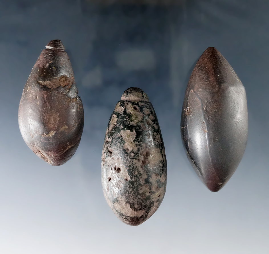 Set of three Hematite Plummets found in Illinois, largest is 2 5/16".