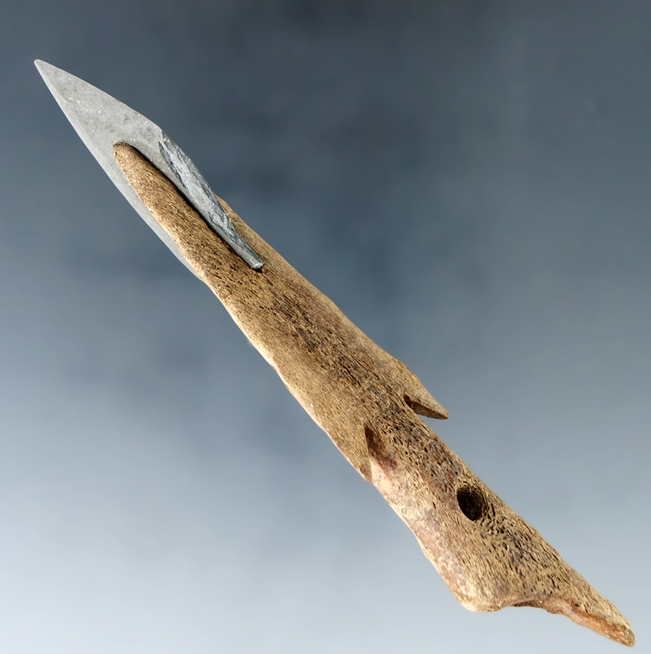 4 5/8" Inuit bone harpoon toggle with original slate point found in Alaska.