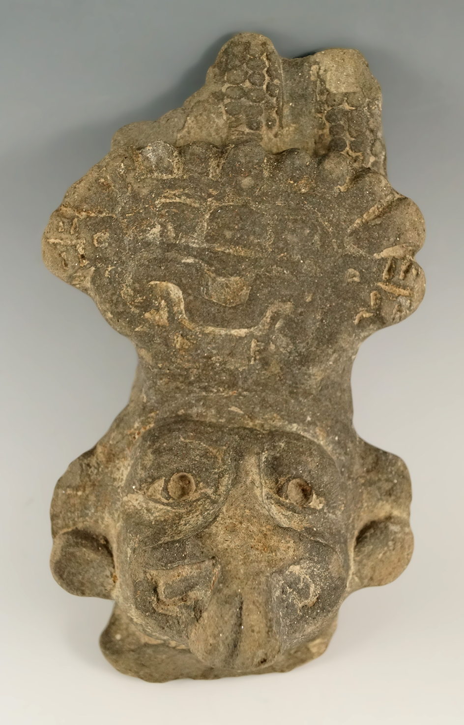 Large 6" tall pre-Columbian clay pottery head found in Meso-America.