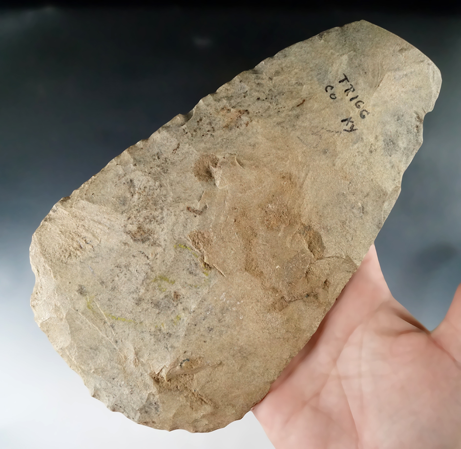 7 7/8" Flint Hoe found in Trigg Co., Kentucky. Comes with a Bennett COA.