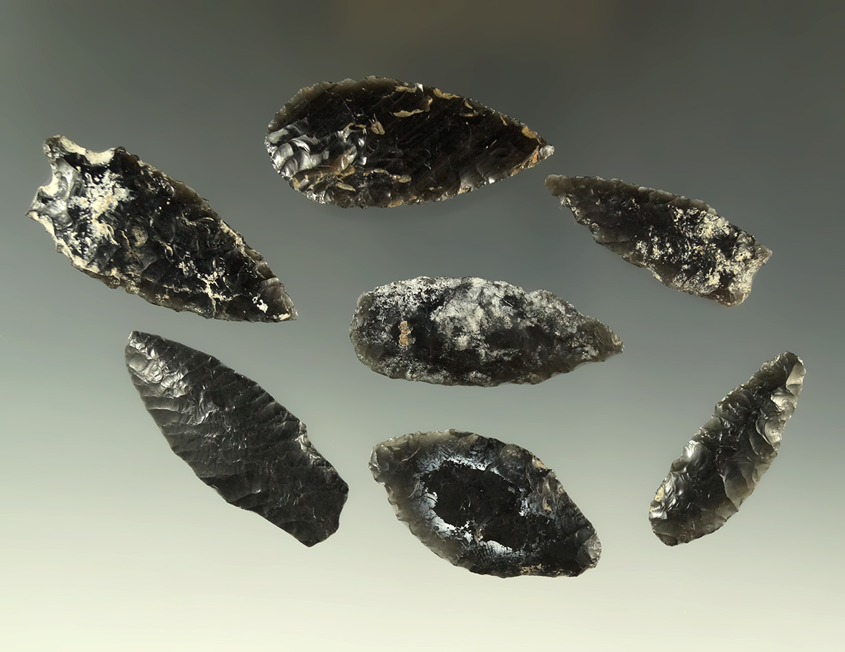 Set of seven assorted obsidian artifacts found in Oregon, largest is 1 7/8".