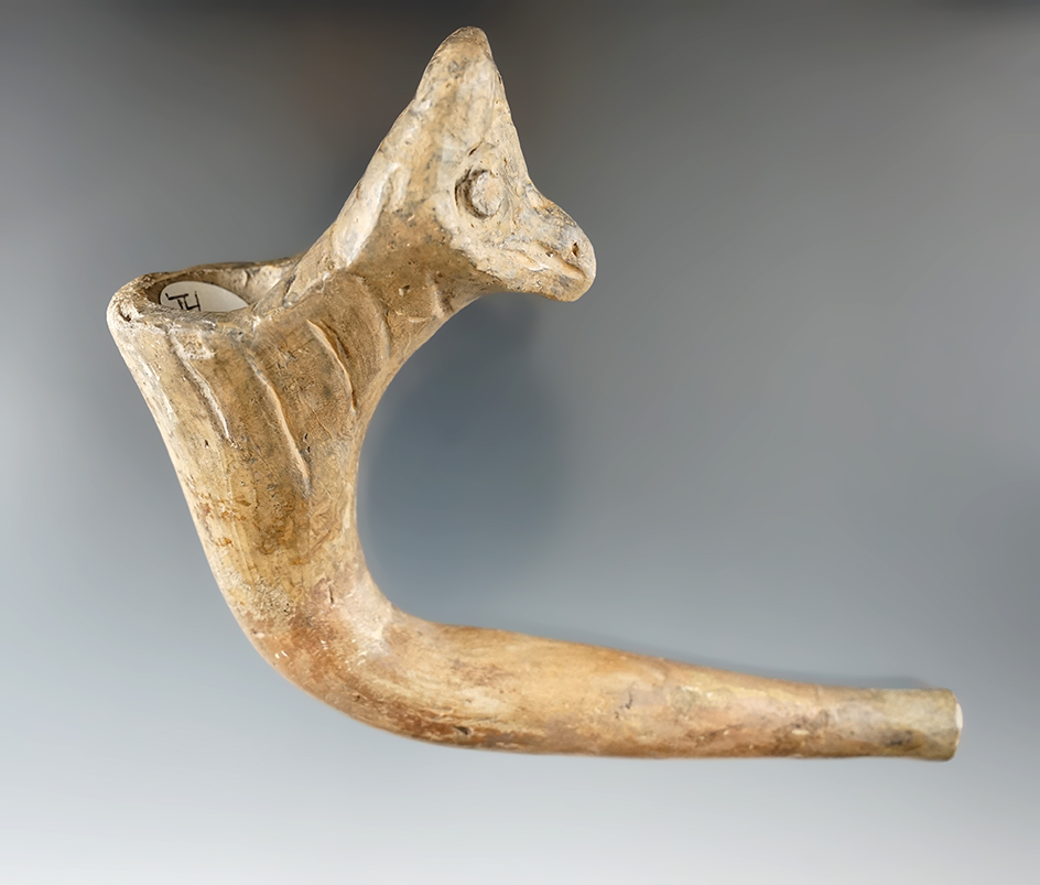 5 1/2" owl effigy Iroquois clay pipe found in Simcoe Co., Ontario Canada. Restored.
