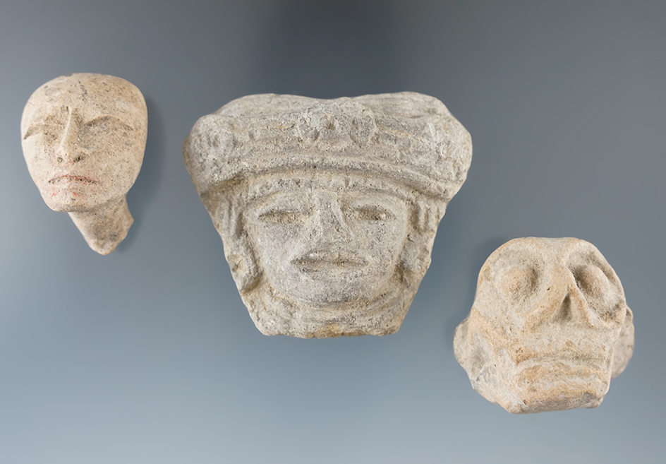 Set of three pre-Columbian pottery heads found in Mexico, largest is 2 7/16".