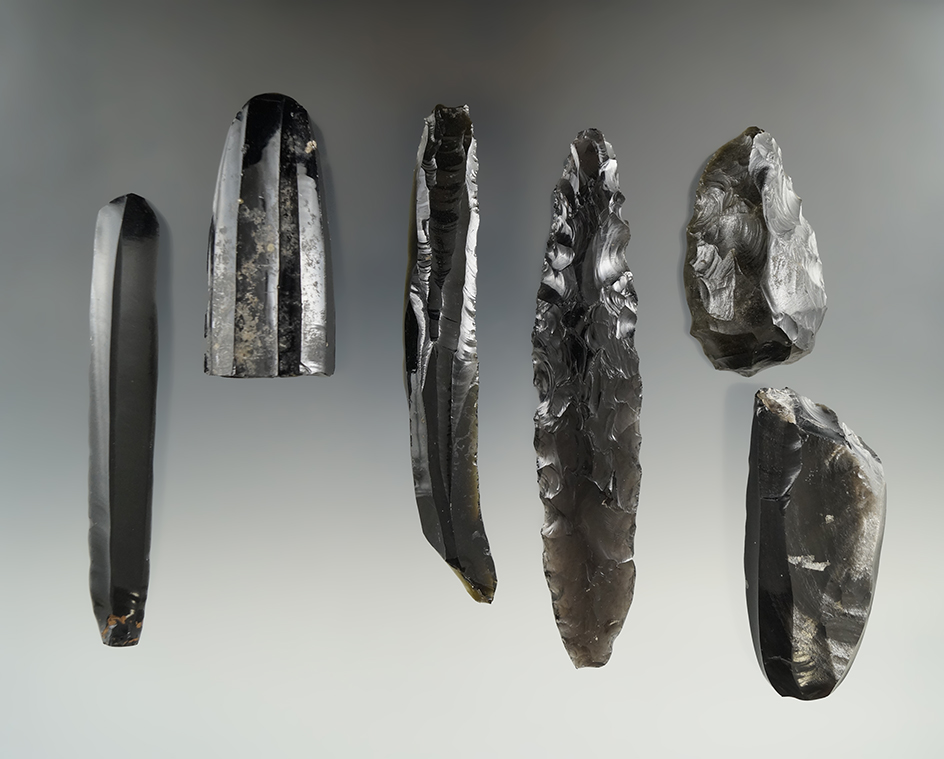 Set of six pre-Columbian knives, blades and cores found in Mexico, largest is 4 3/4".