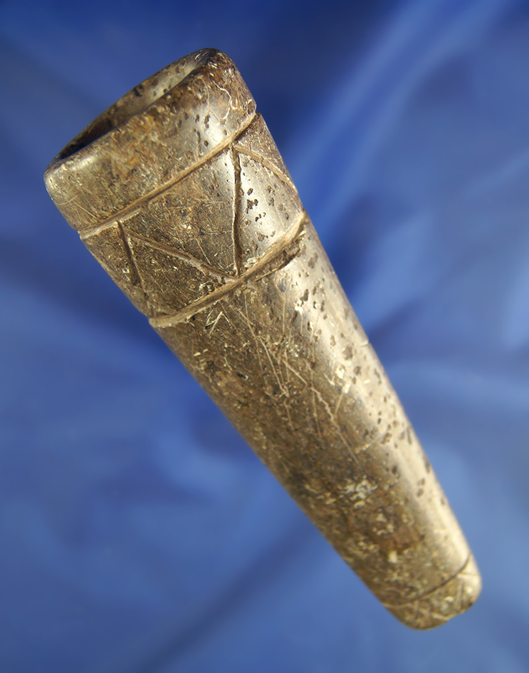 Engraved 4 7/8" Historic Era Tube Pipe found in Saline Co.,  Illinois. Ex. Tommy Beutel collection.