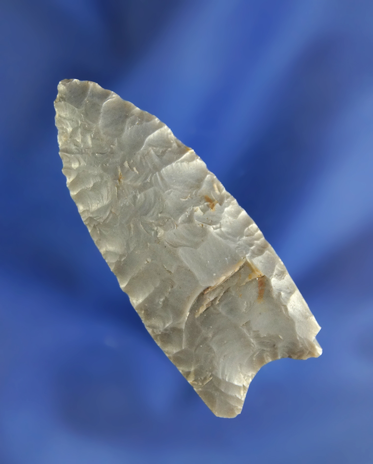 Nicely flaked 2 1/8" Paleo Fluted Clovis made from high-quality hornstone found in Indiana.