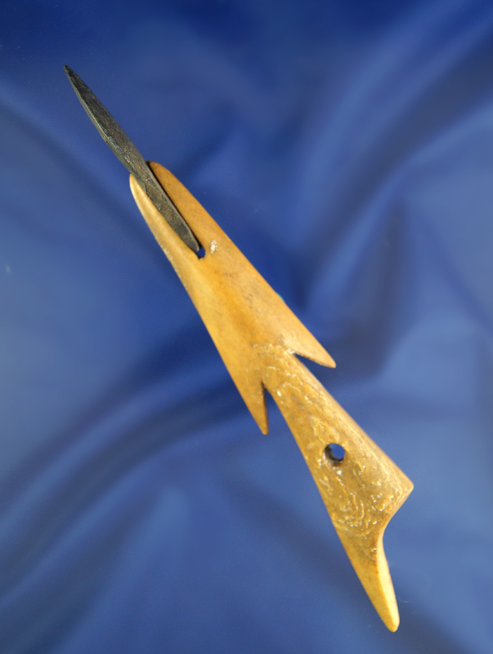 Very nice 6 1/8" long combination bone Toggle and slate Projectile Point found in Alaska