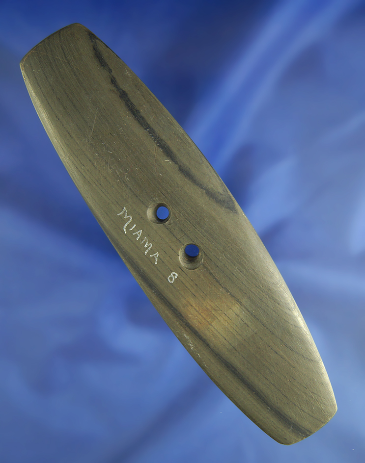 Thin and well made 5 5/8" Elliptical Gorget made from nicely banded slate- Miami Co.,  Ohio.