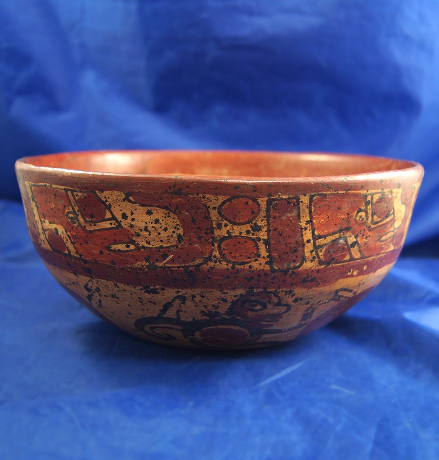 8 1/2" wide Mayan Pottery Bowl featuring monkeys nice mineral deposits - found in Belize.