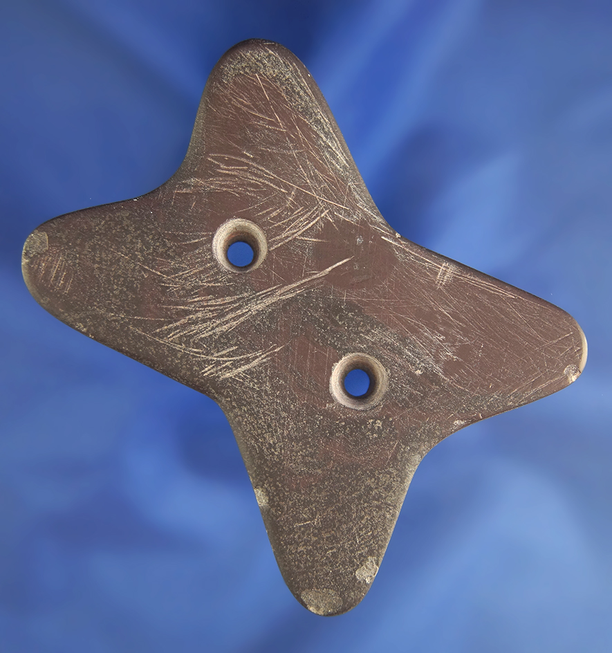 Rare style! 2 7/8" Reel Style Gorget made from red slate found in Huntington Co.,  Indiana.