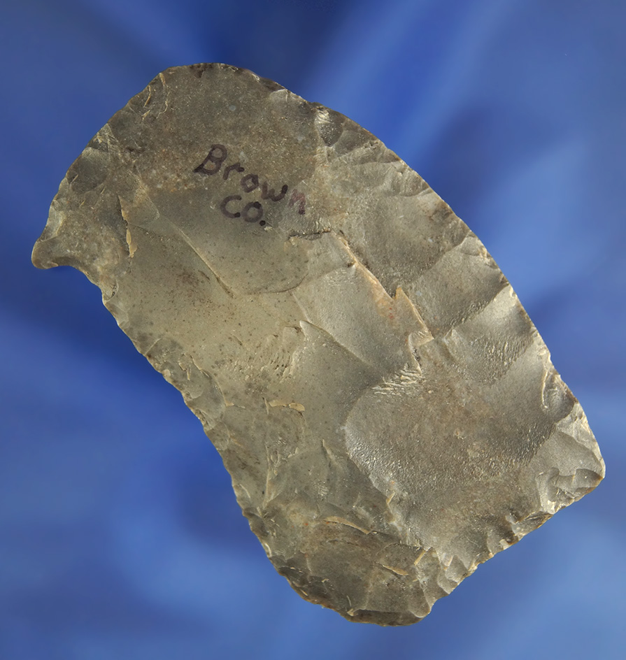 Rare artifact type!  3" Paleo Square Knife with a very nice Graver spur found in Brown Co.,  IN.