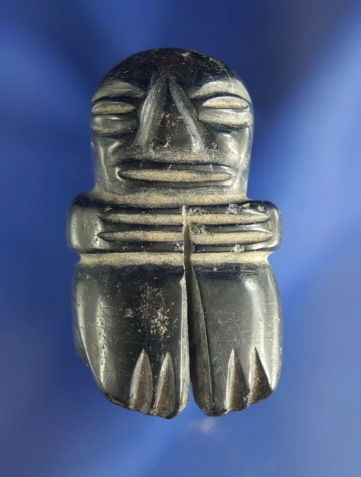 Excellent carving and design on this 2" tall pre-Columbian stone human effigy.