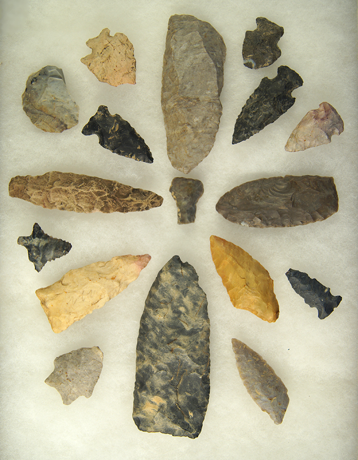 Set of 17 assorted Flint artifacts found in Ashland Co.,  Ohio, largest is 3 3/4. Ex. Randy Hancock