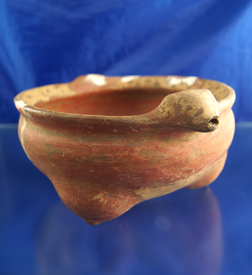 Chupicuaro culture 7 3/8" dog effigy polychrome tripod bowl with mammary effigy feet. I