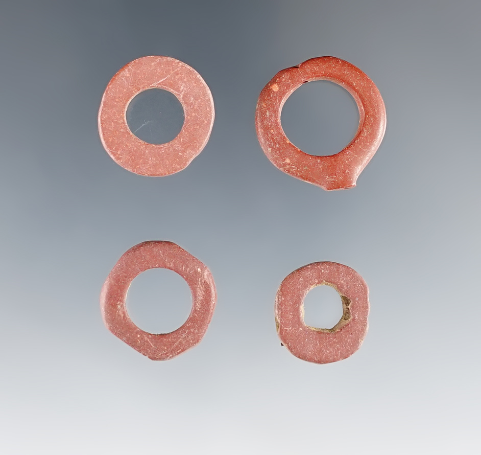 Set of four perforated and double drilled red Slate Beads - Townley-Read Site, Geneva New York. 