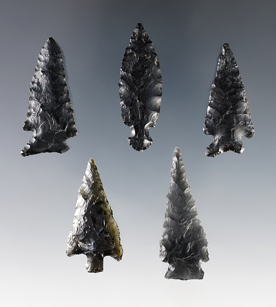 Set of five nice Obsidian Points found in California. Ex. C.L. Pugh Museum. 