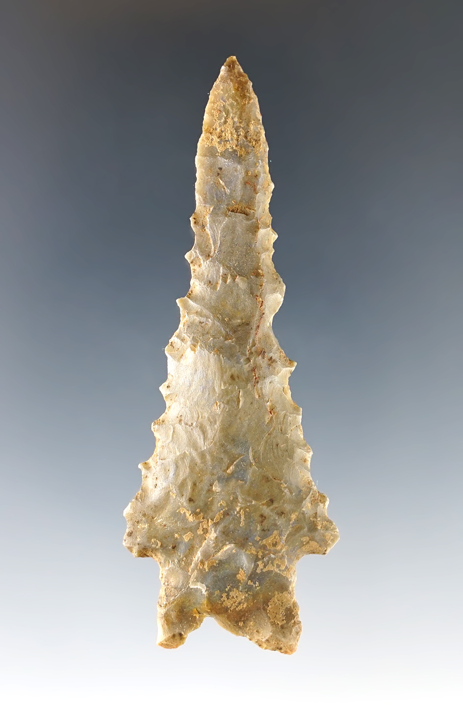 Large serrations on this 3 1/8" Stemmed Kirk. Calloway Co., Kentucky. Bennett "Micro" COA.