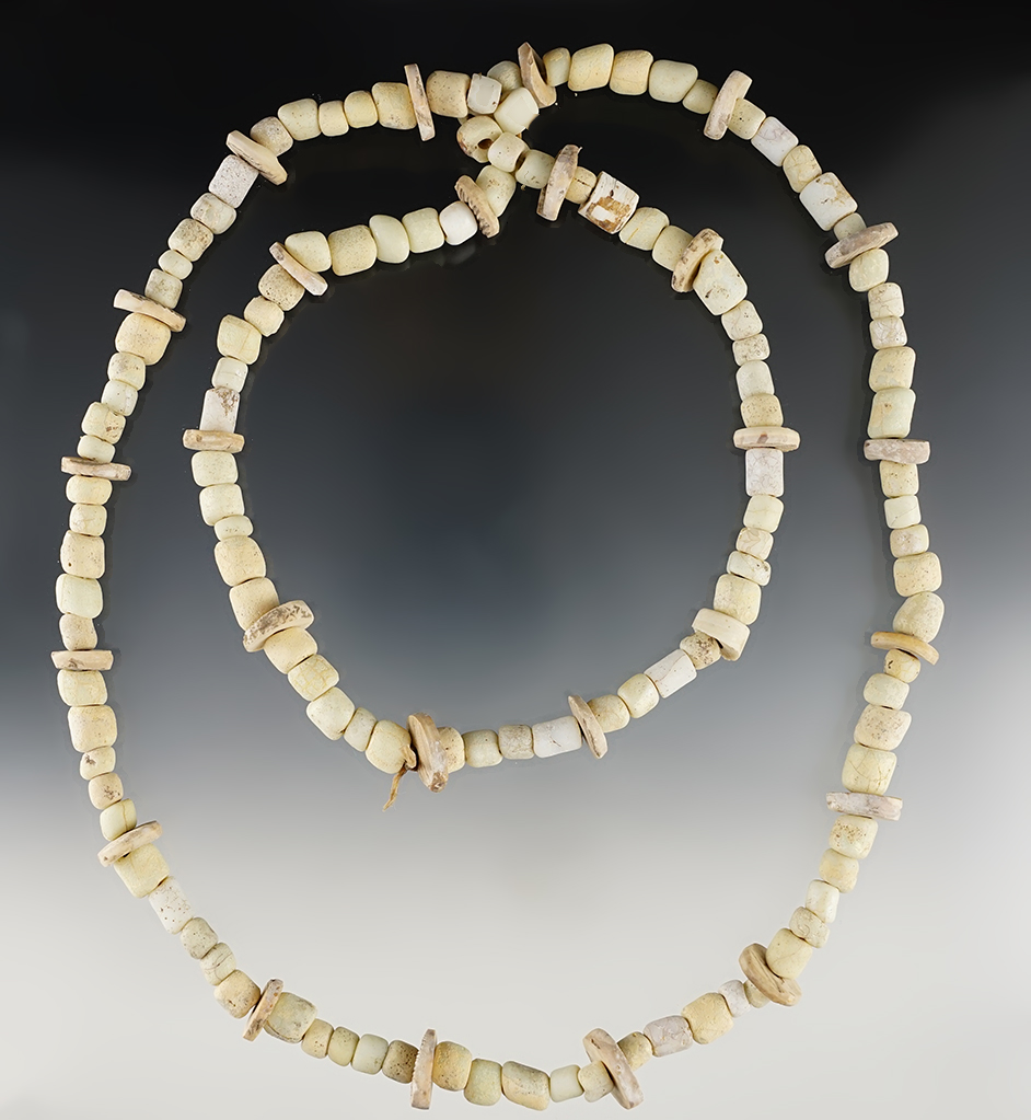 Large 42" drilled stone and shell bead necklace. Recovered in Colusa Co., California.. 