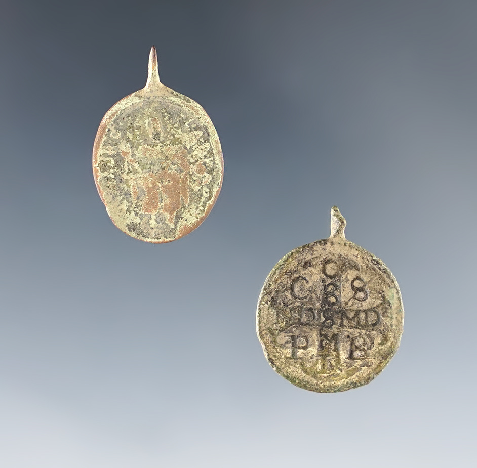 Pair of Jesuit medals, largest is 3/4". Found at the White Springs Site, Geneva New York.