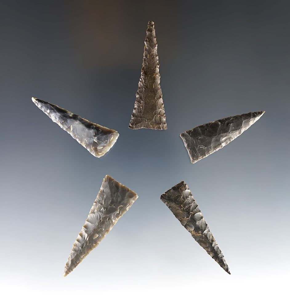Set of 5 well made Triangle Points found in the Kentucky/Tennessee area. The largest is 1 7/8".