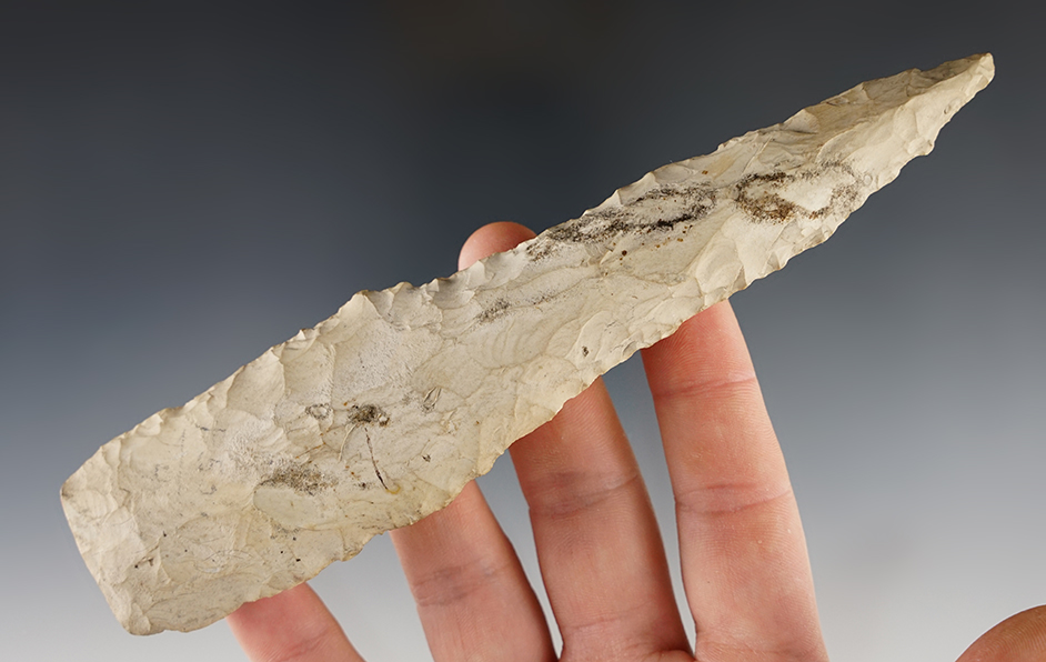 Large 6 9/16" Lanceolate Knife - heavily resharpened in ancient times. St. Clair Co., Illinois. 