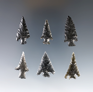 Set of 6 well made Obsidian Points recovered in South Oregon. Largest is 1 3/16". Ex. C.L. Pugh.