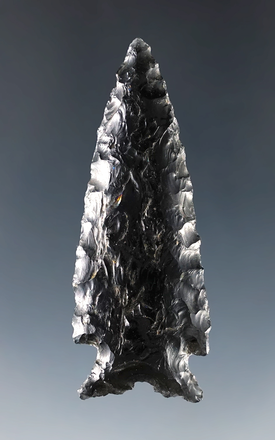 2 3/16" Obsidian Elko found in northern California.  Ex. C.L. Pugh Museum. 