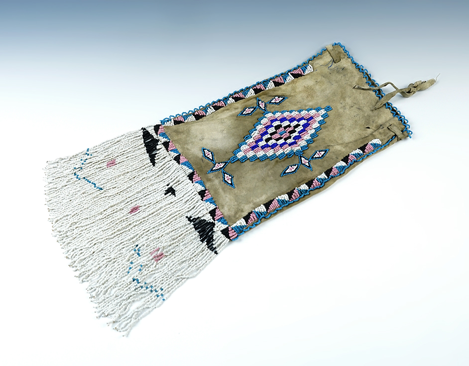 14" tall (including 5" beaded drop fringe) x 6" wide Pipe Bag/Pouch w/ original leather drawstring.