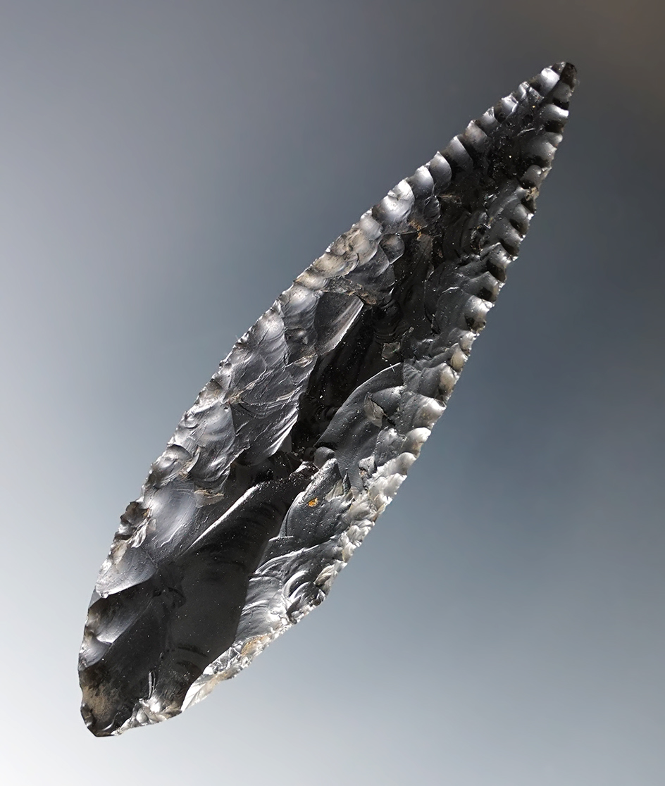 3 5/16" Obsidian Cascade found in southern Oregon in nice condition. Ex. C.L. Pugh Museum. 