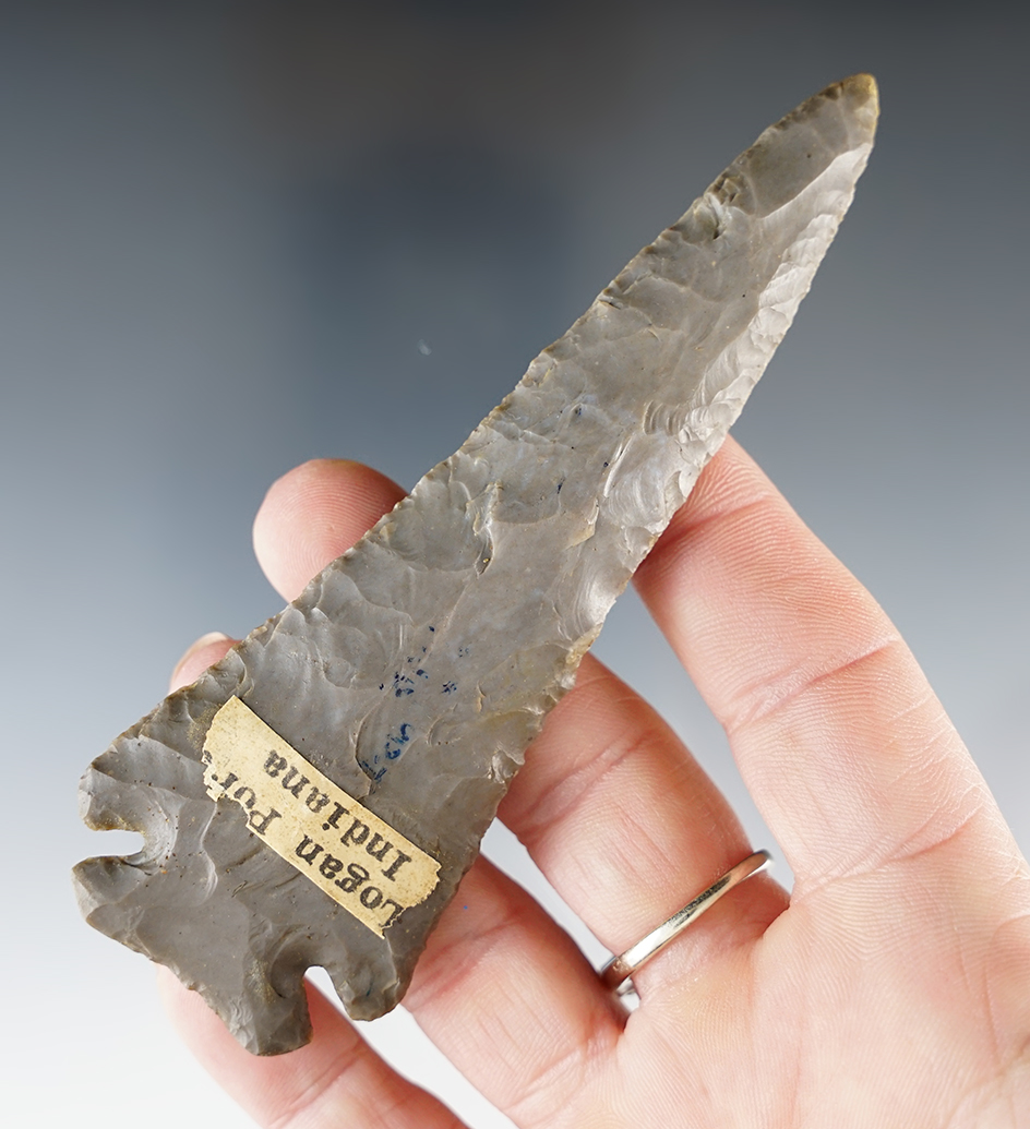 Heavily patinated 4 3/8" Corner Notch found in Logansport Indiana.