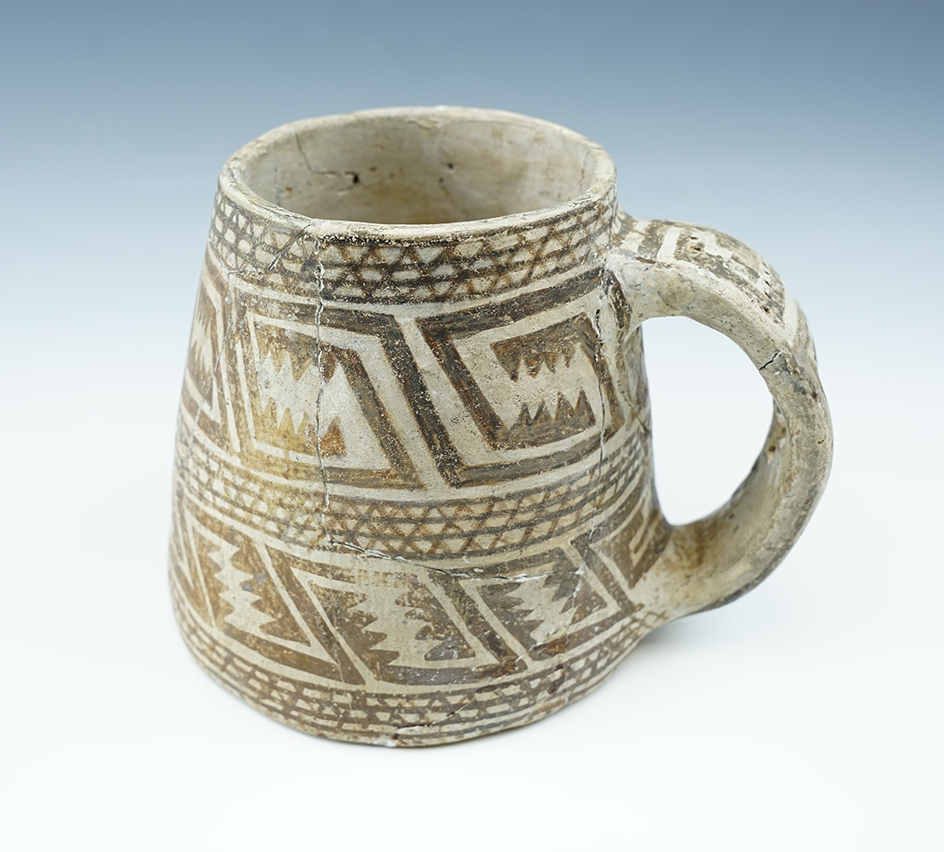 4 1/2" tall by 6" wide Anasazi Handled Pottery Mug with excellent exterior design.