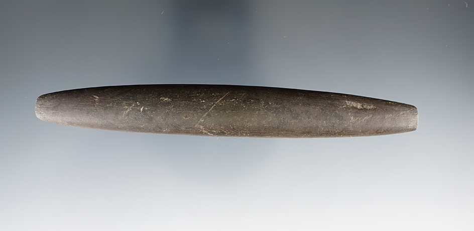 Fine 5 3/8" Elliptical Bar Atlatl Weight found in Washington Co., Ohio.