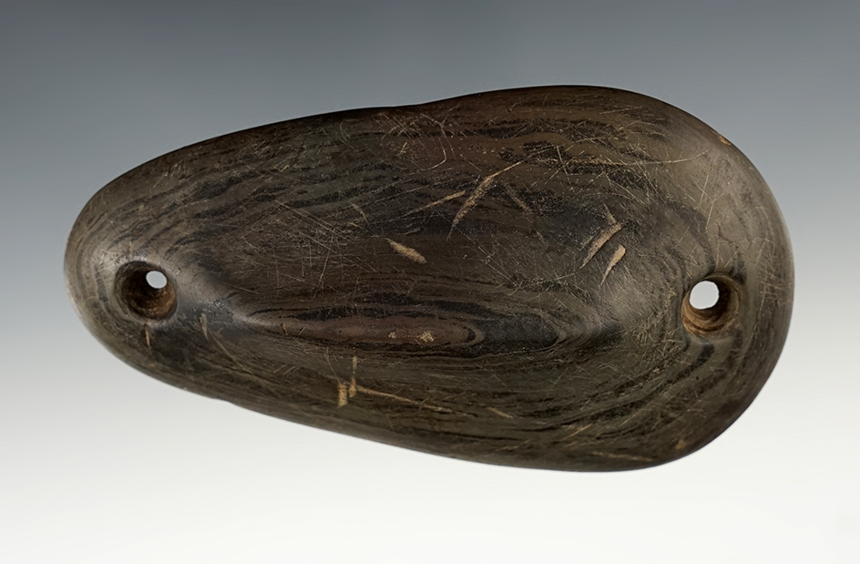 Superb 4 1/8" Glacial Kame Ridged Gorget found in Wayne Co., Indiana.