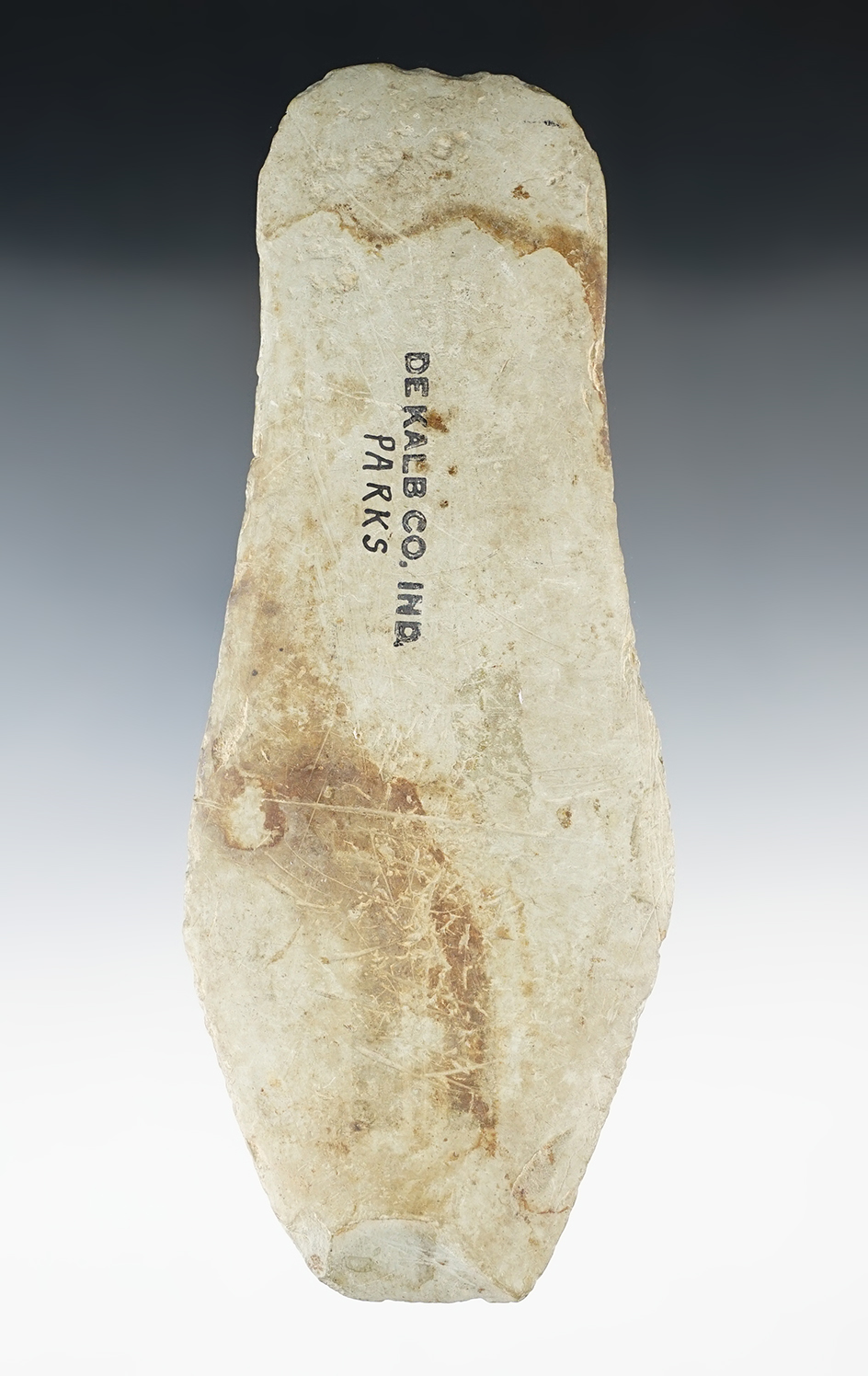 7 3/16" Undrilled Sandal Sole Gorget found in Dekalb Co., Indiana. Ex. Parks.