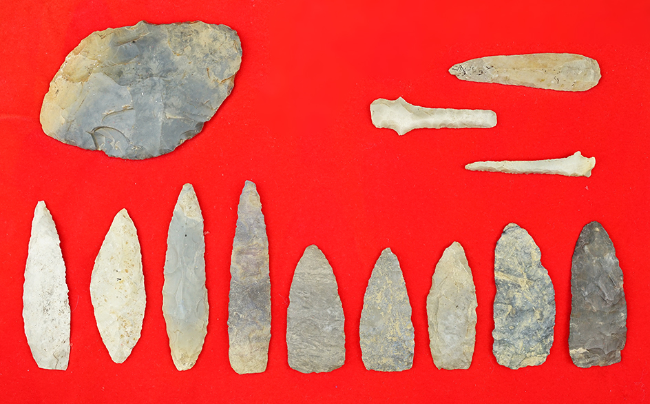 Group of 13 Field found artifacts found near the Ohio River, Tell City, Indiana.