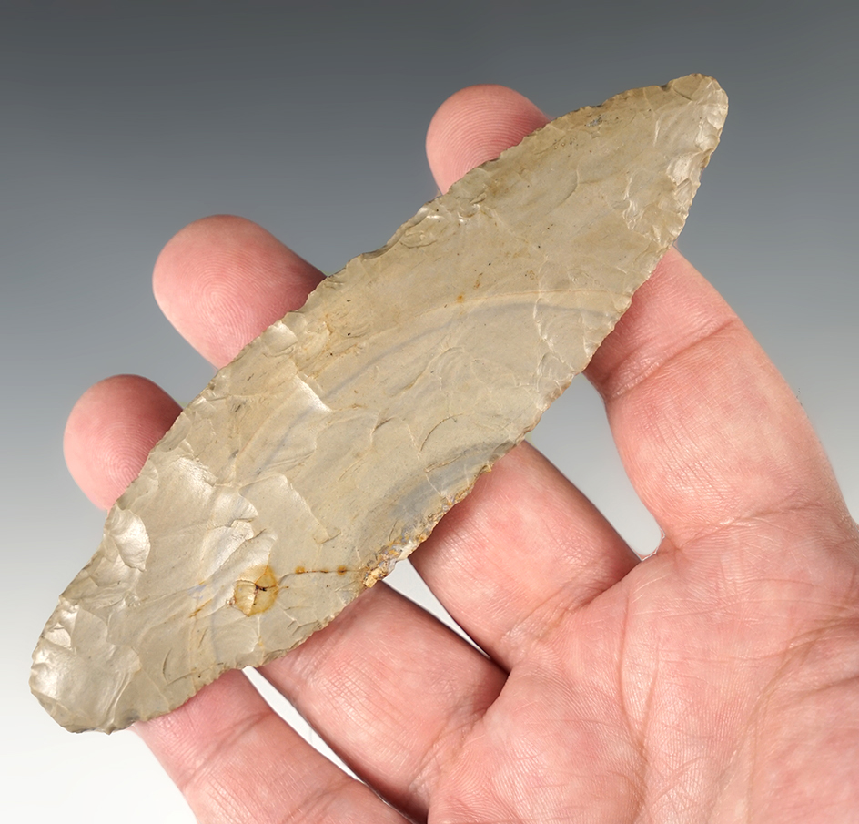 4 7/8" Adena made from Hornstone. Found in Harrison Co., Indiana. Bennett COA.