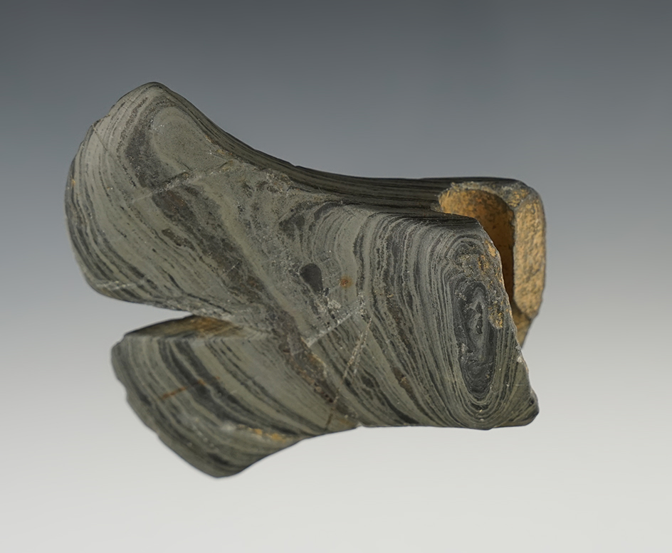 3 1/4" Banded Slate Double Crescent Bannerstone Half. Found in Ohio.