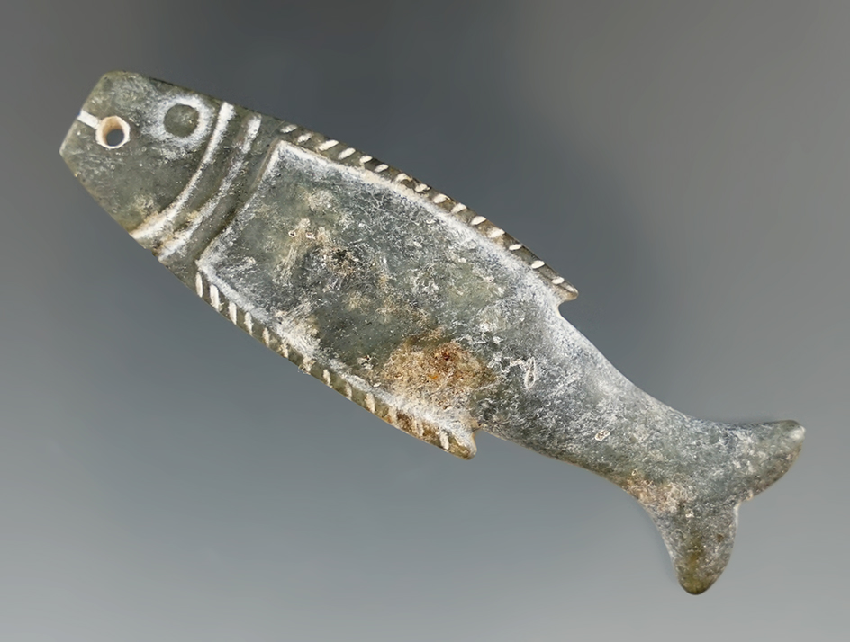 2 11/16" fish effigy Jade Pendant from ancient Burma.
