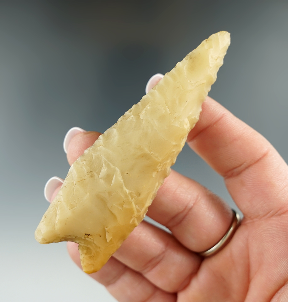 3 3/8" Dalton -amber colored Novaculite found in north-central Arkansas. 2 COAs.