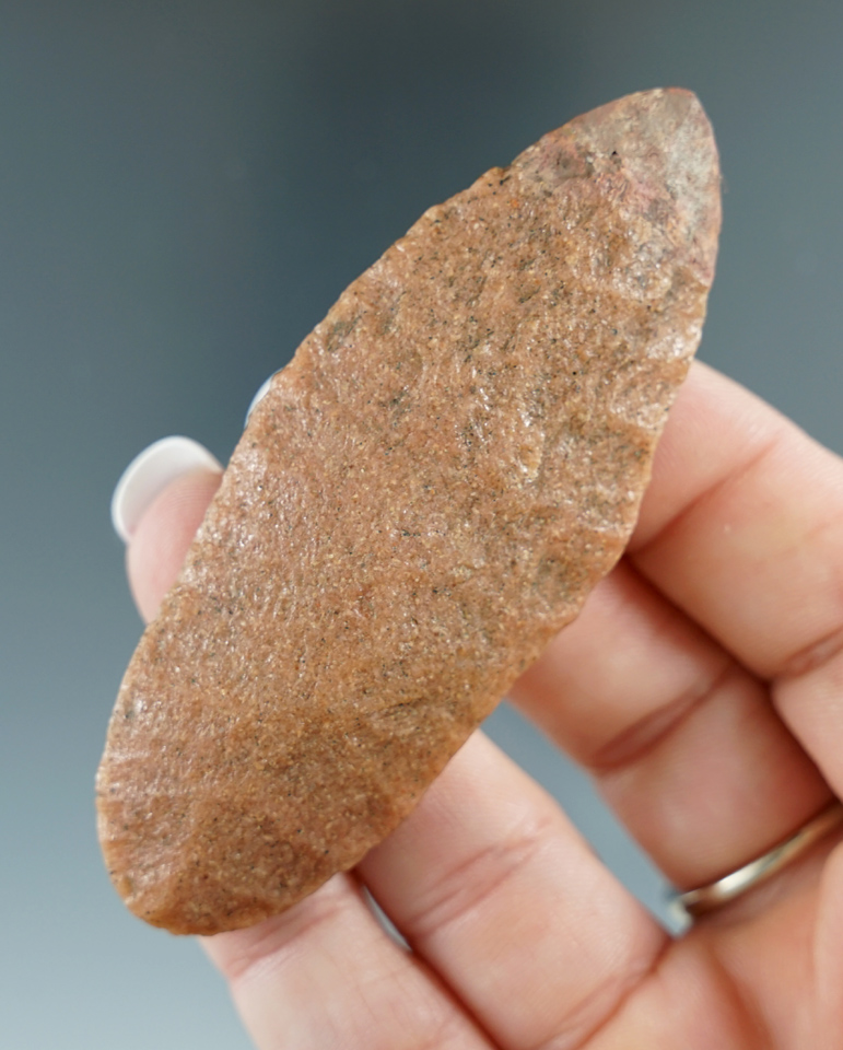 3 1/8" Paleo Agate Basin- attractive red quartzite - Wisconsin. 3/8" of tip has been restored.