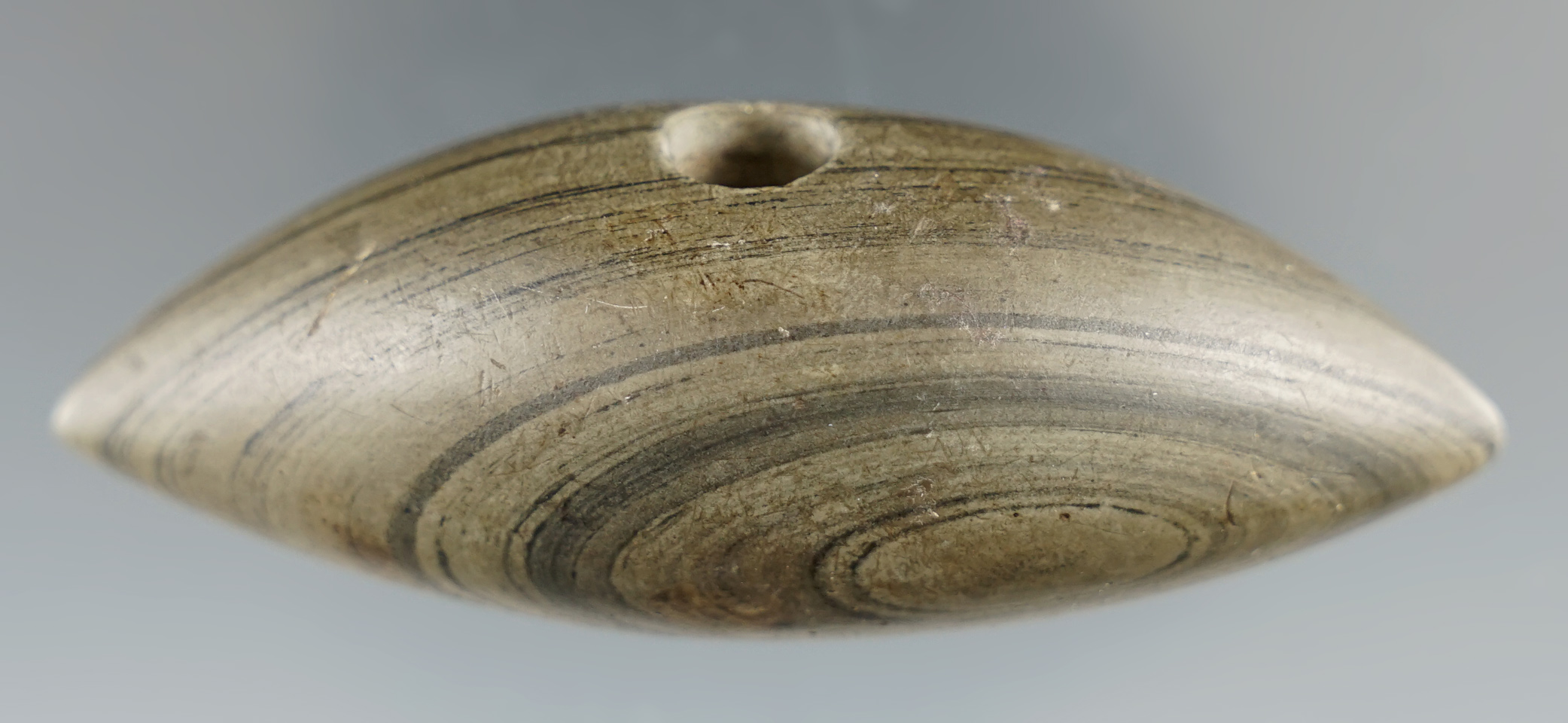 2 7/8" Pick Bannerstone made from banded slate found in Hardin Co., Ohio.